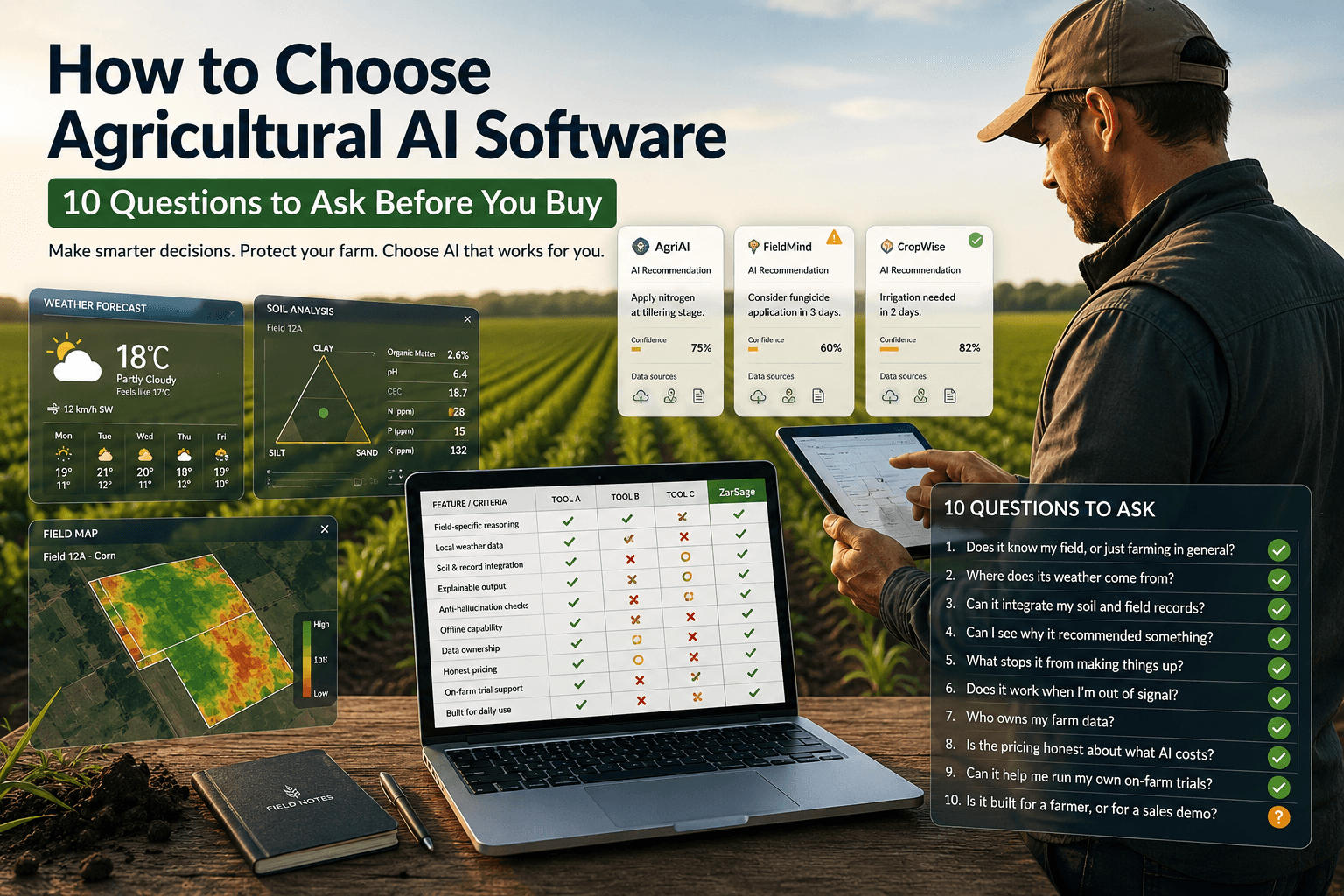 A farmer comparing agricultural AI tools on a laptop with a feature scorecard, alongside weather, soil, and field map data