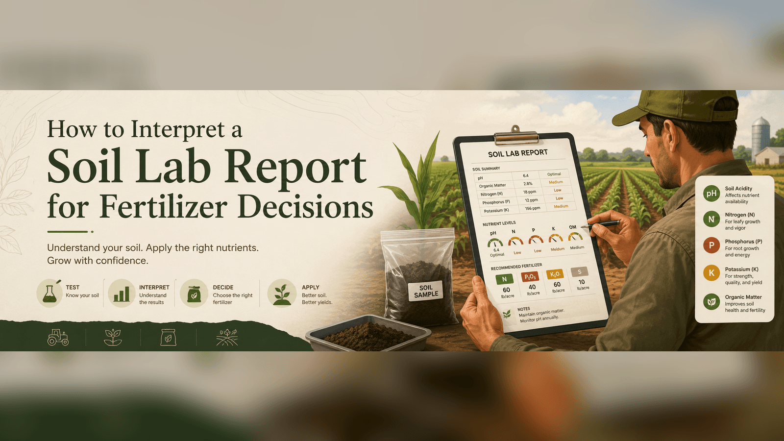 A soil lab report and fertilizer planning notes over field imagery